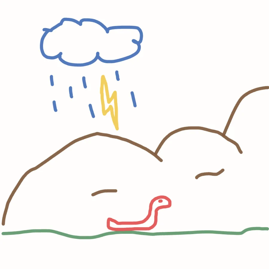 A child's drawing: a smiling blob under a rain cloud